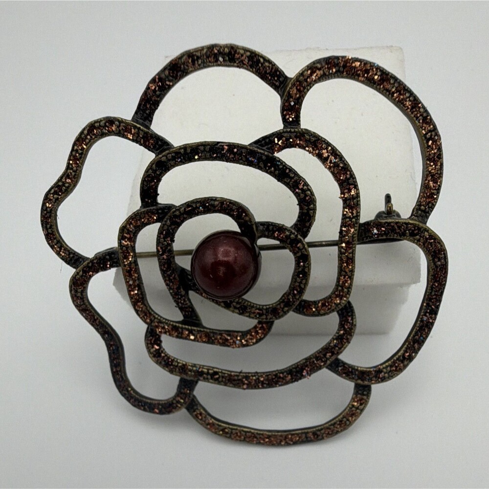 Brown & Gold Tone Flower Brooch Pin, Simulated Red Pearl Center, 2.50 in